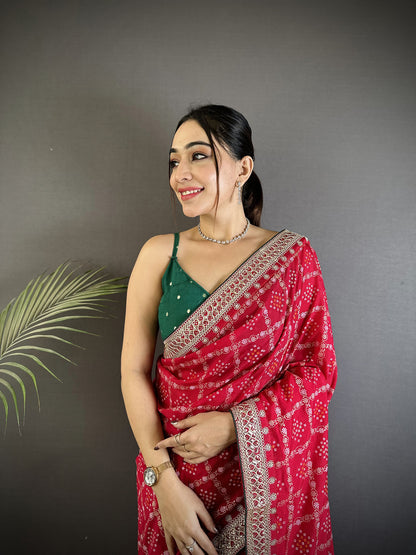 Elora Hot Pink Vichitra Silk Bandhej Bandhani With Stone & Sequence Work Saree - Dista