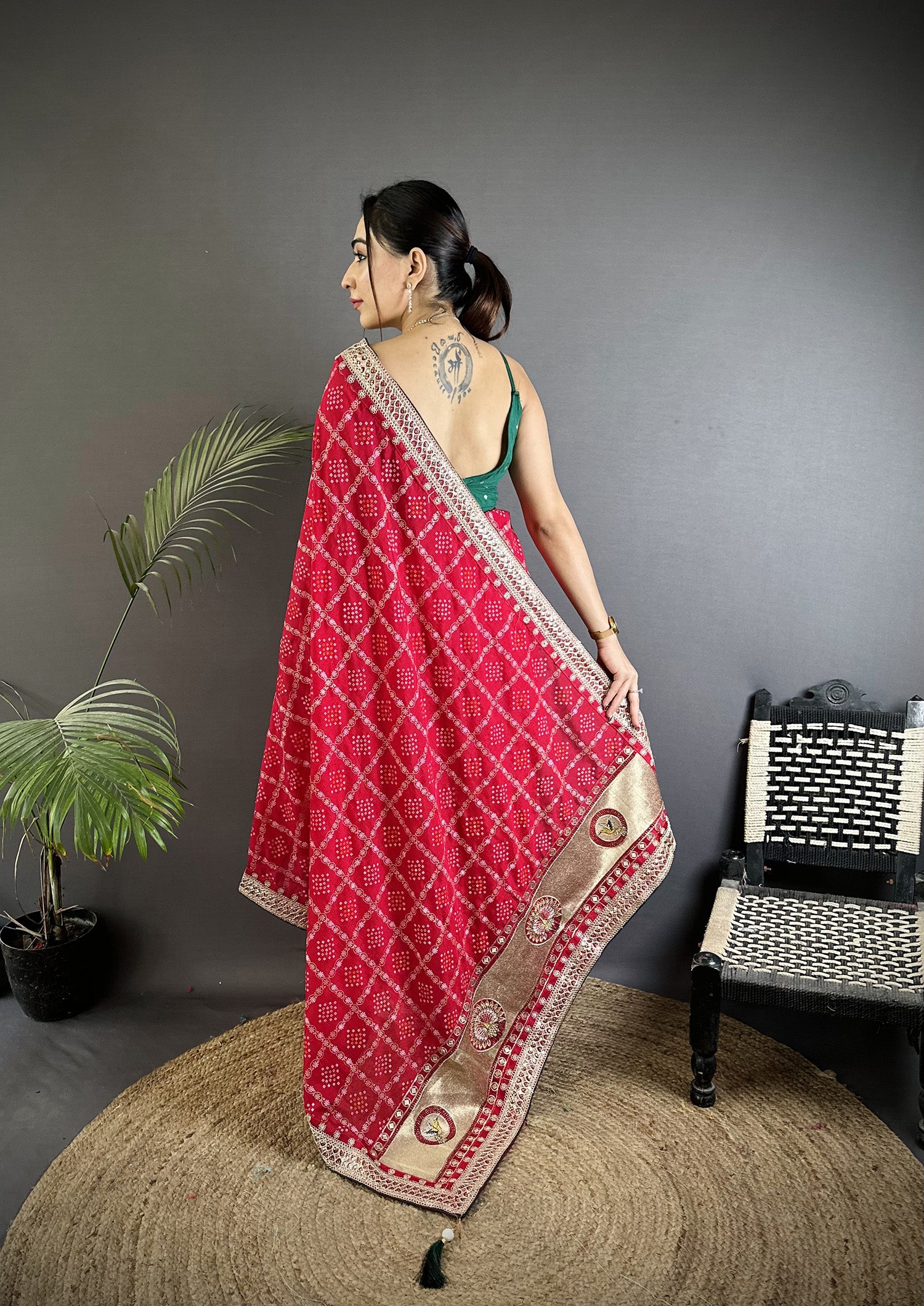 Elora Hot Pink Vichitra Silk Bandhej Bandhani With Stone & Sequence Work Saree - Dista