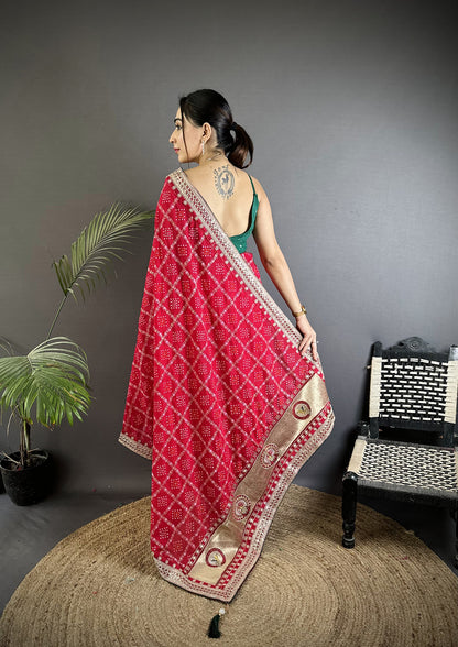 Elora Hot Pink Vichitra Silk Bandhej Bandhani With Stone & Sequence Work Saree - Dista
