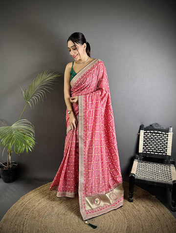 Elora Dusty Pink Vichitra Silk Bandhej Bandhani With Stone & Sequence Work Saree - Dista