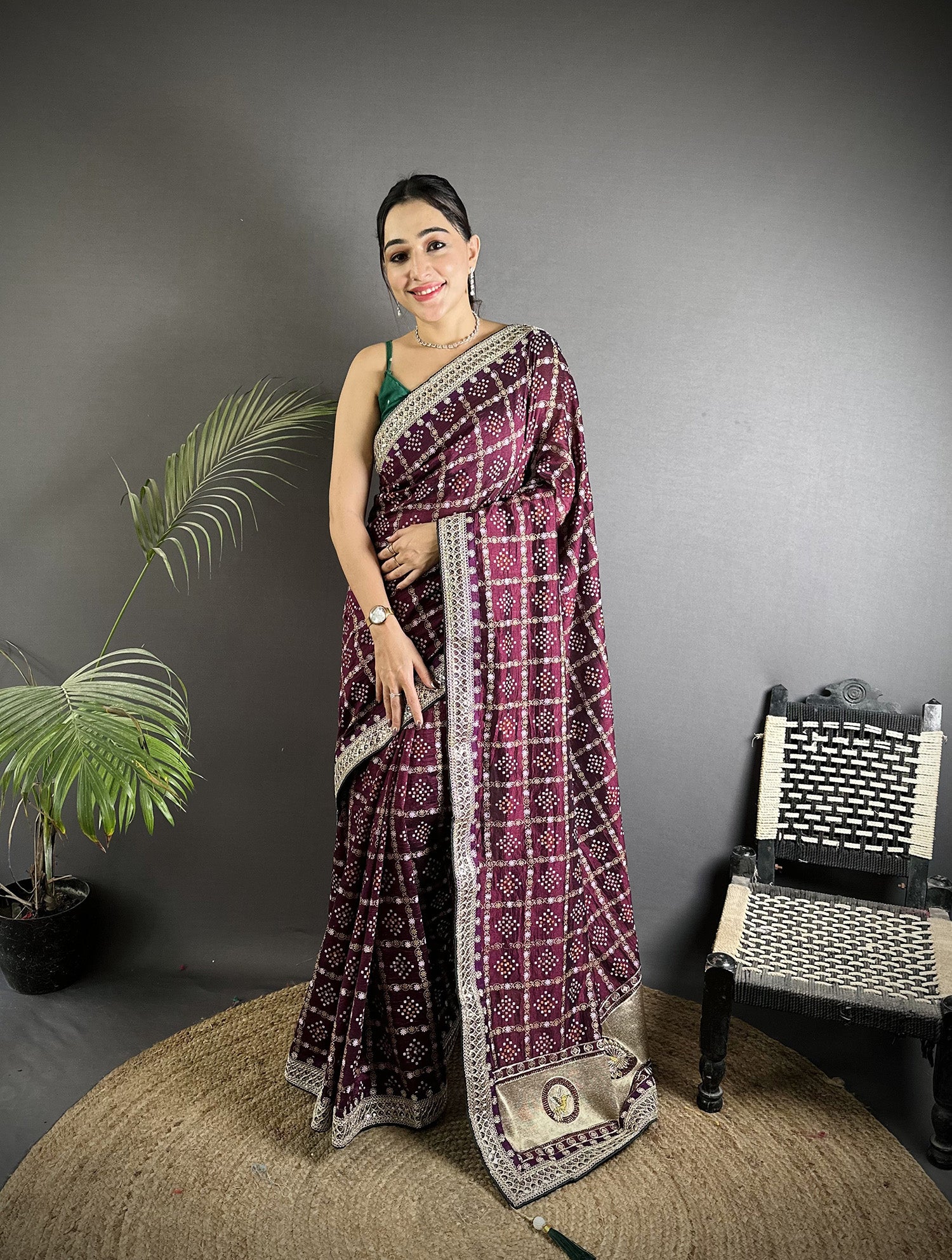 Elora Wine Vichitra Silk Bandhej Bandhani With Stone & Sequence Work Saree - Dista