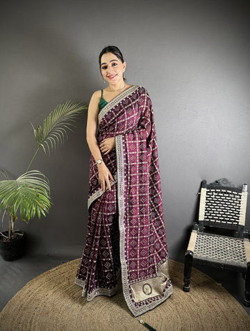 Elora Wine Vichitra Silk Bandhej Bandhani With Stone & Sequence Work Saree - Dista