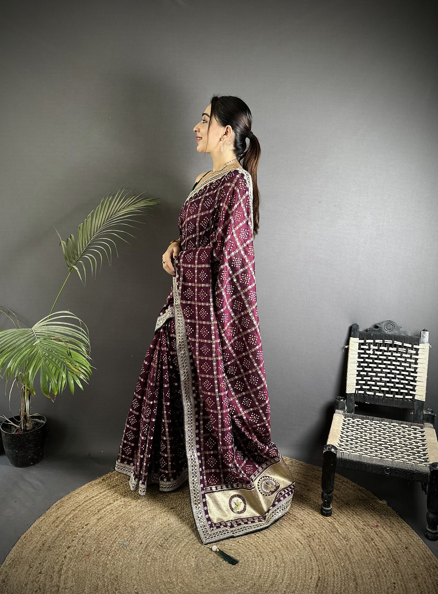 Elora Wine Vichitra Silk Bandhej Bandhani With Stone & Sequence Work Saree - Dista