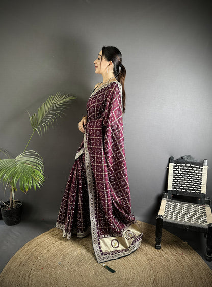 Elora Wine Vichitra Silk Bandhej Bandhani With Stone & Sequence Work Saree - Dista