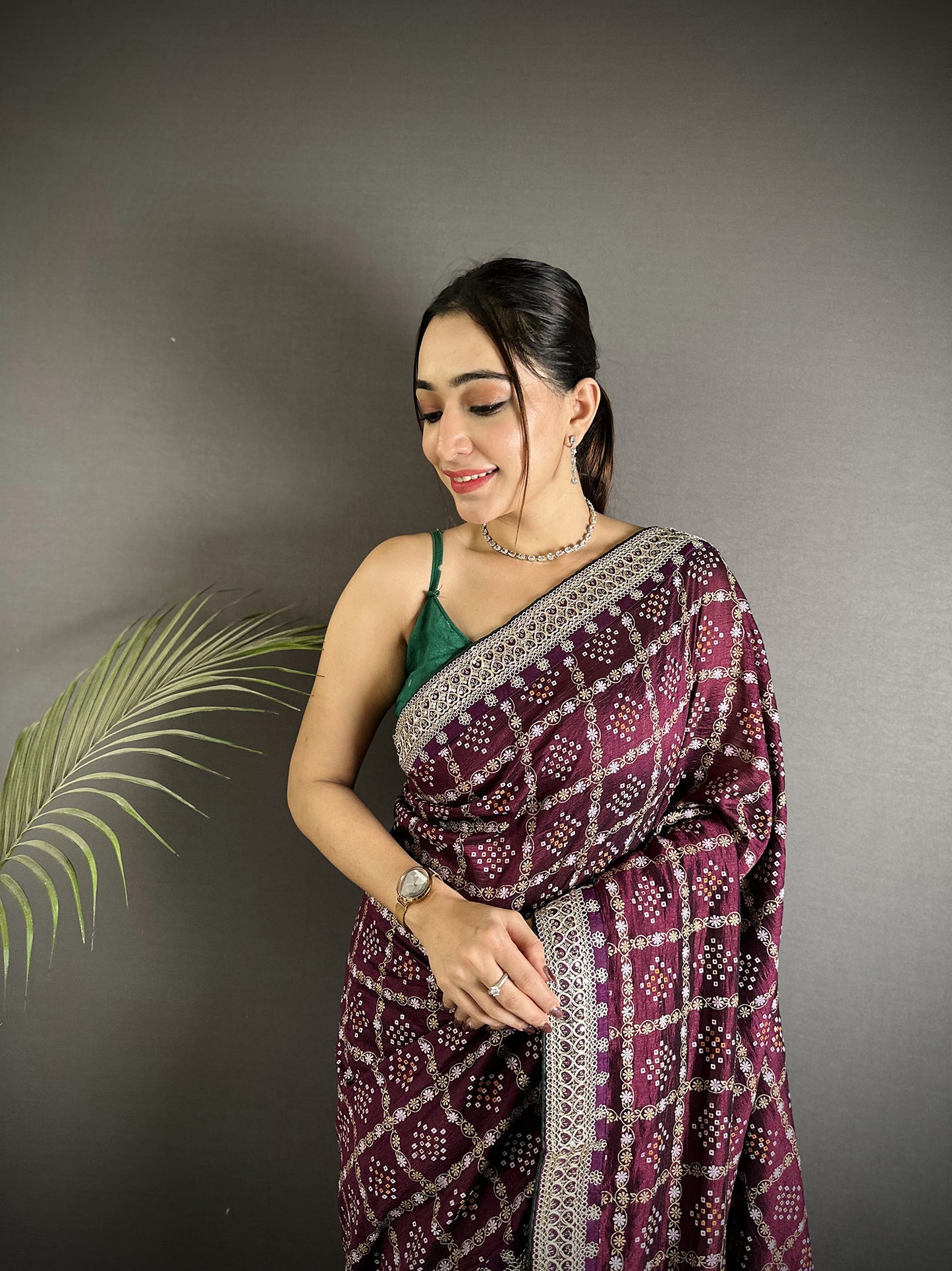 Elora Wine Vichitra Silk Bandhej Bandhani With Stone & Sequence Work Saree - Dista