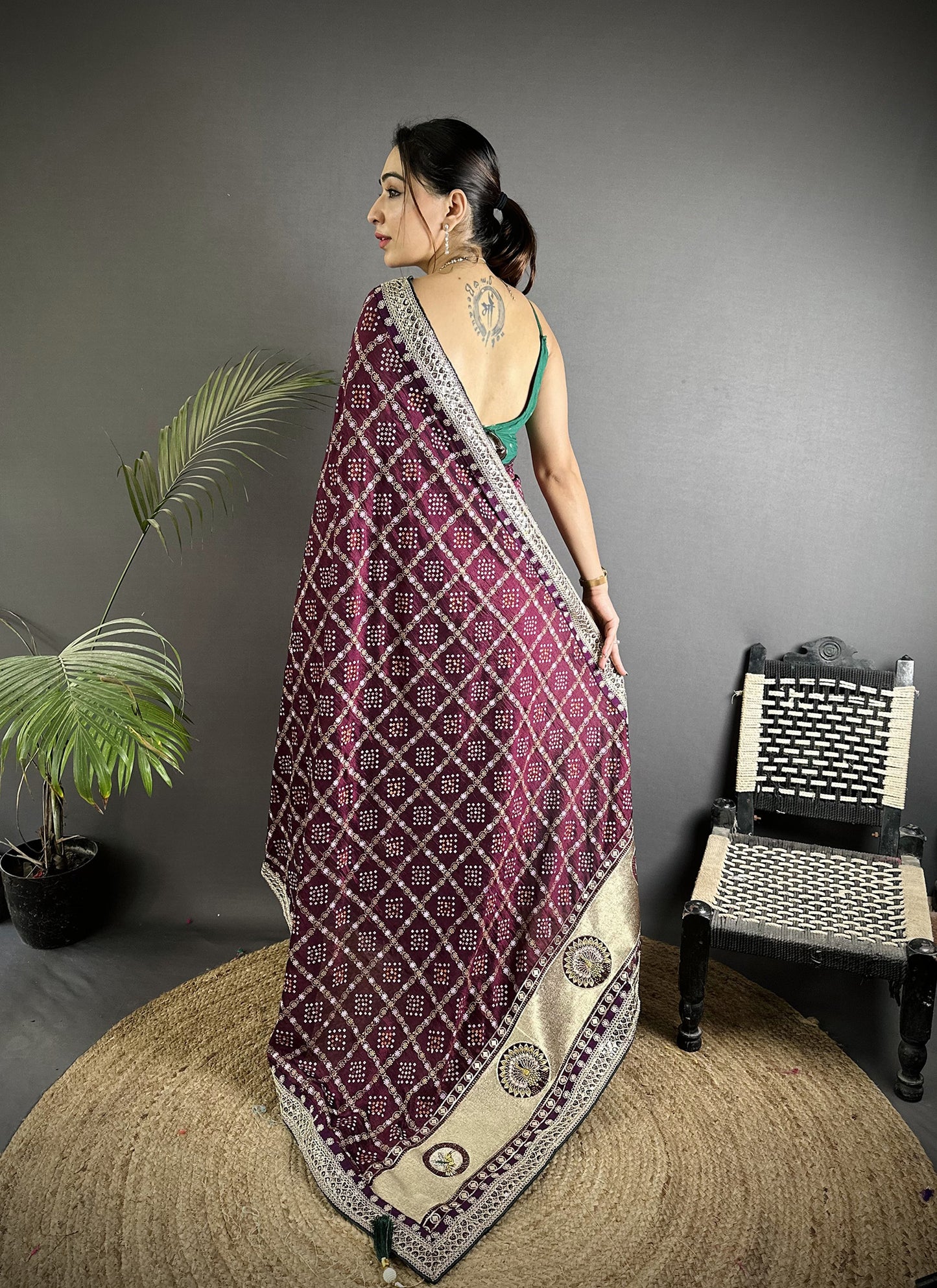 Elora Wine Vichitra Silk Bandhej Bandhani With Stone & Sequence Work Saree - Dista