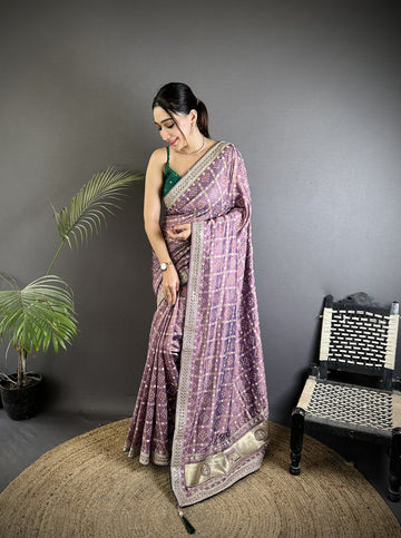 Elora Lavender Vichitra Silk Bandhej Bandhani With Stone & Sequence Work Saree - Dista