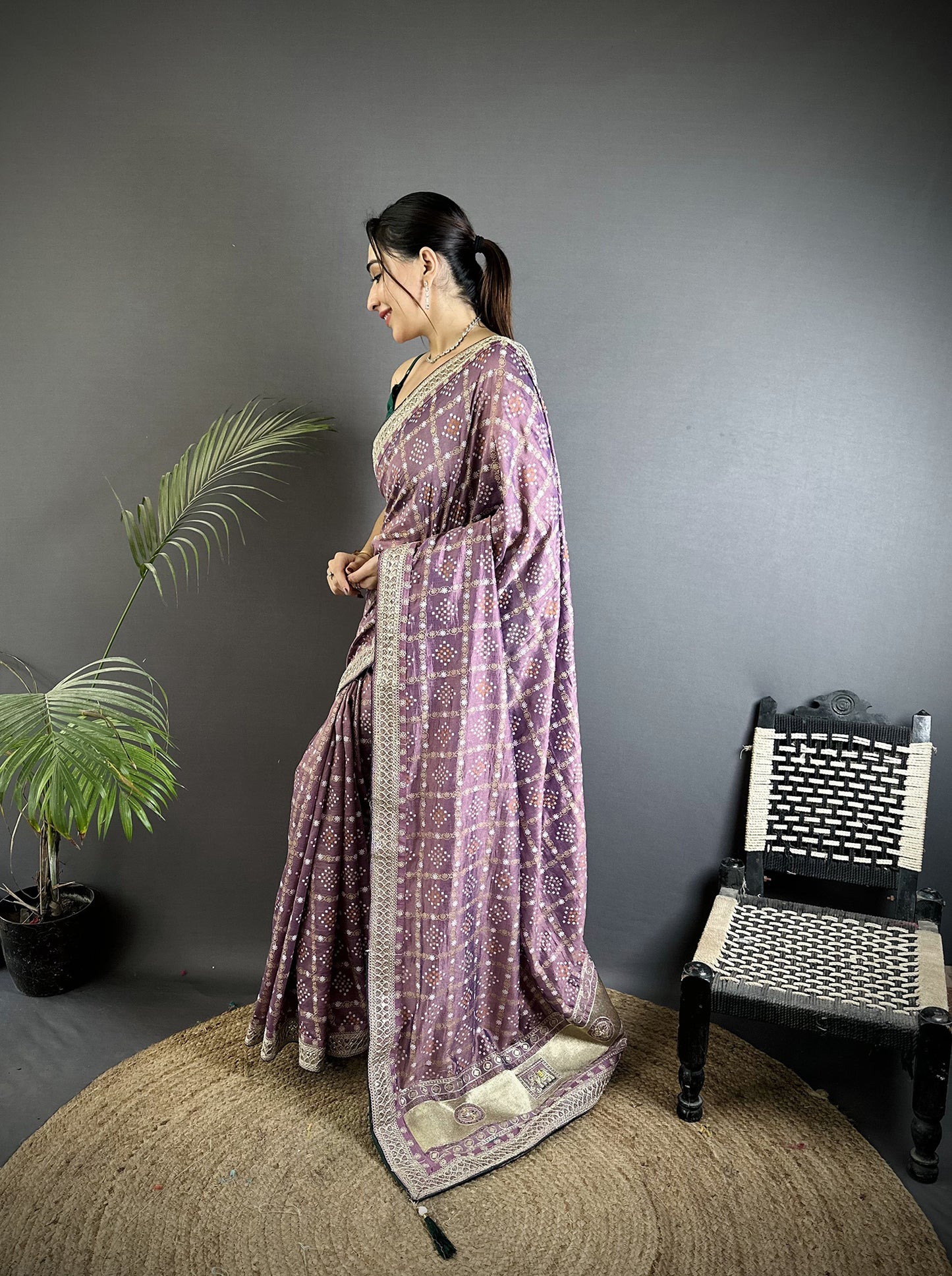 Elora Lavender Vichitra Silk Bandhej Bandhani With Stone & Sequence Work Saree - Dista