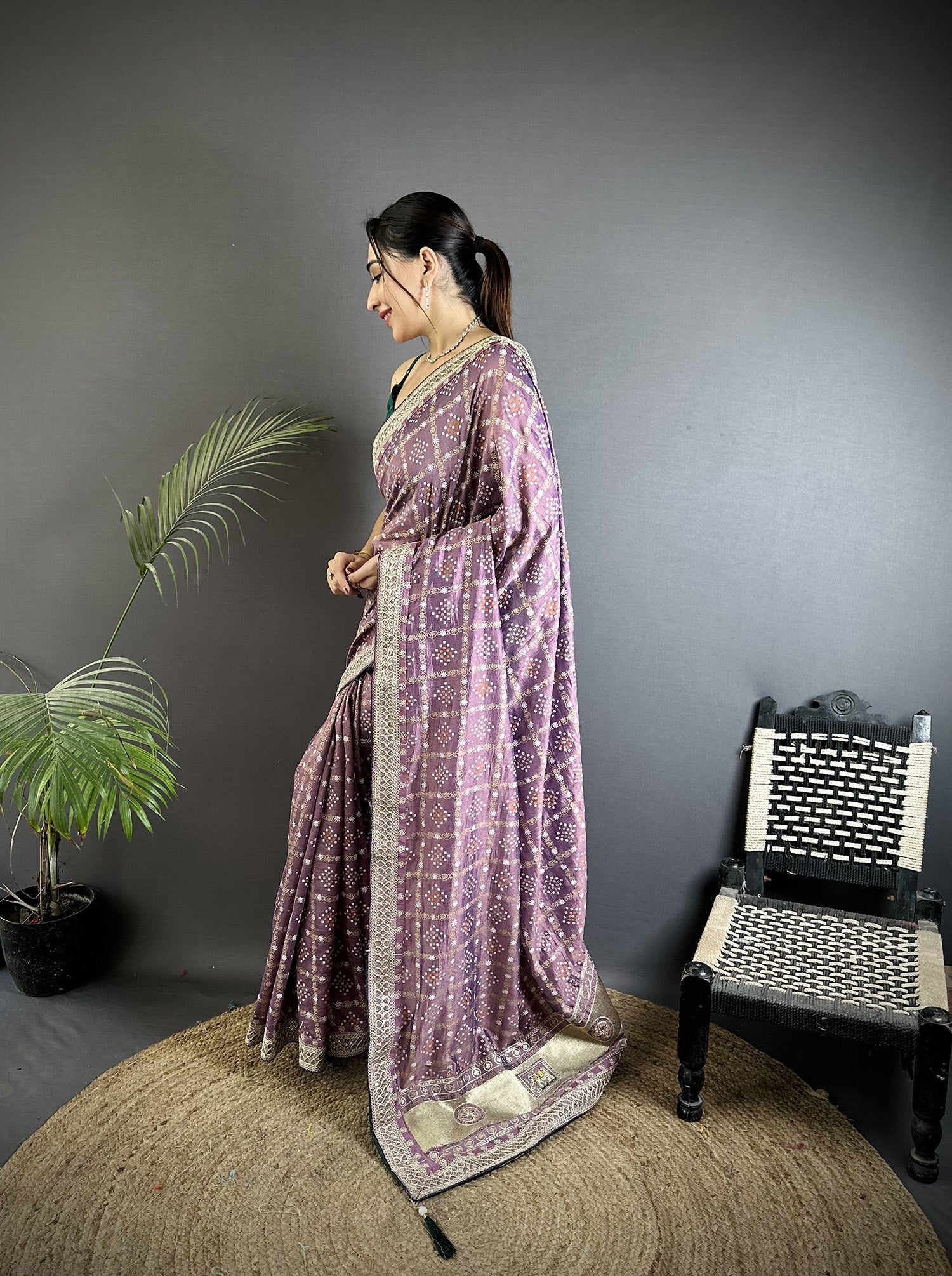 Elora Lavender Vichitra Silk Bandhej Bandhani With Stone & Sequence Work Saree - Dista