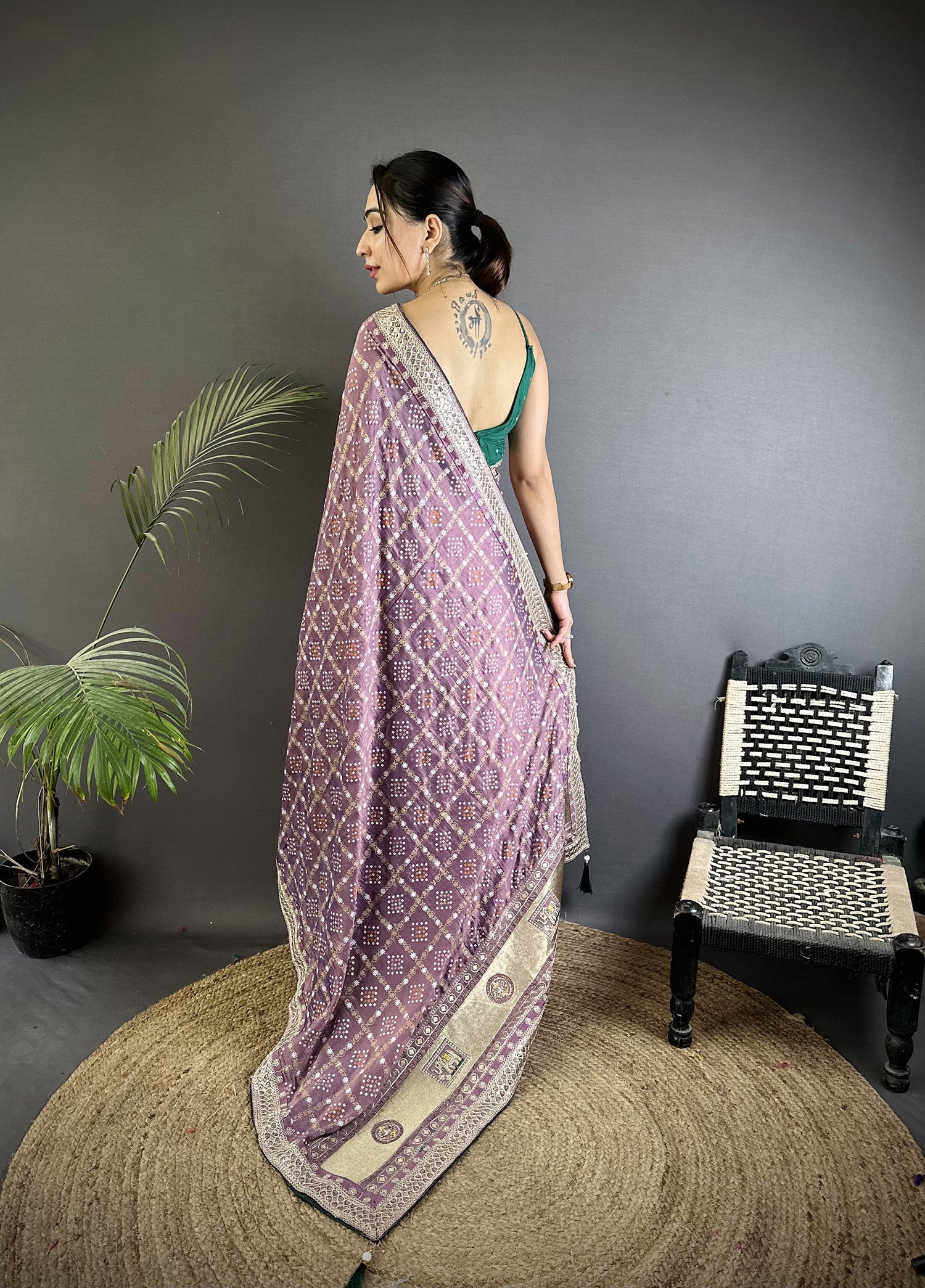 Elora Lavender Vichitra Silk Bandhej Bandhani With Stone & Sequence Work Saree - Dista