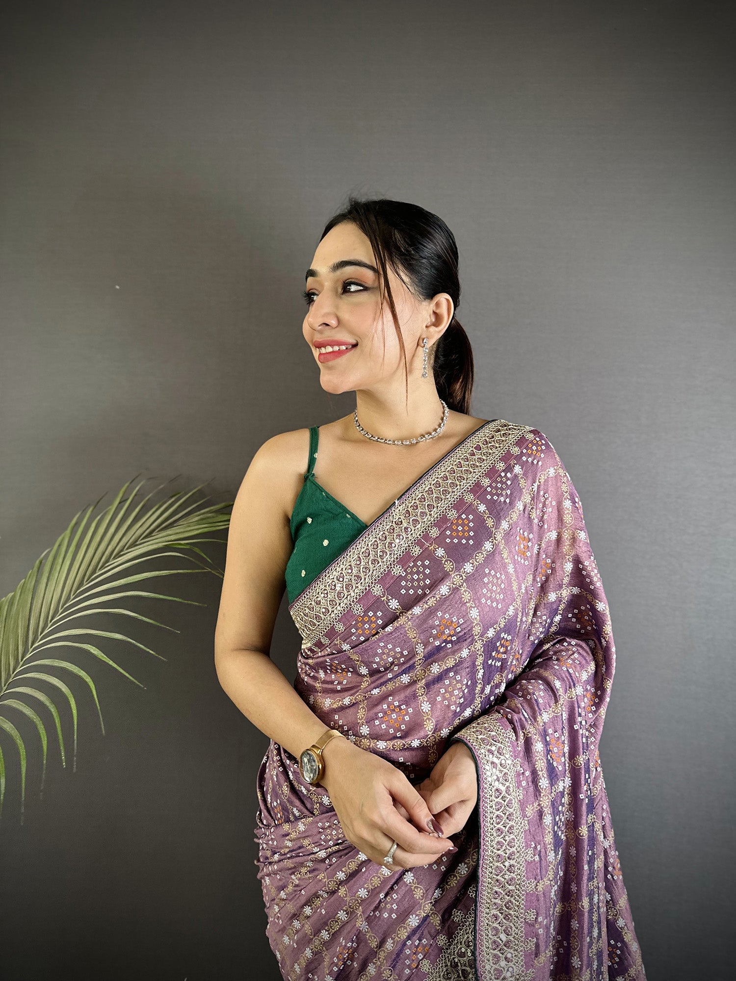 Elora Lavender Vichitra Silk Bandhej Bandhani With Stone & Sequence Work Saree - Dista