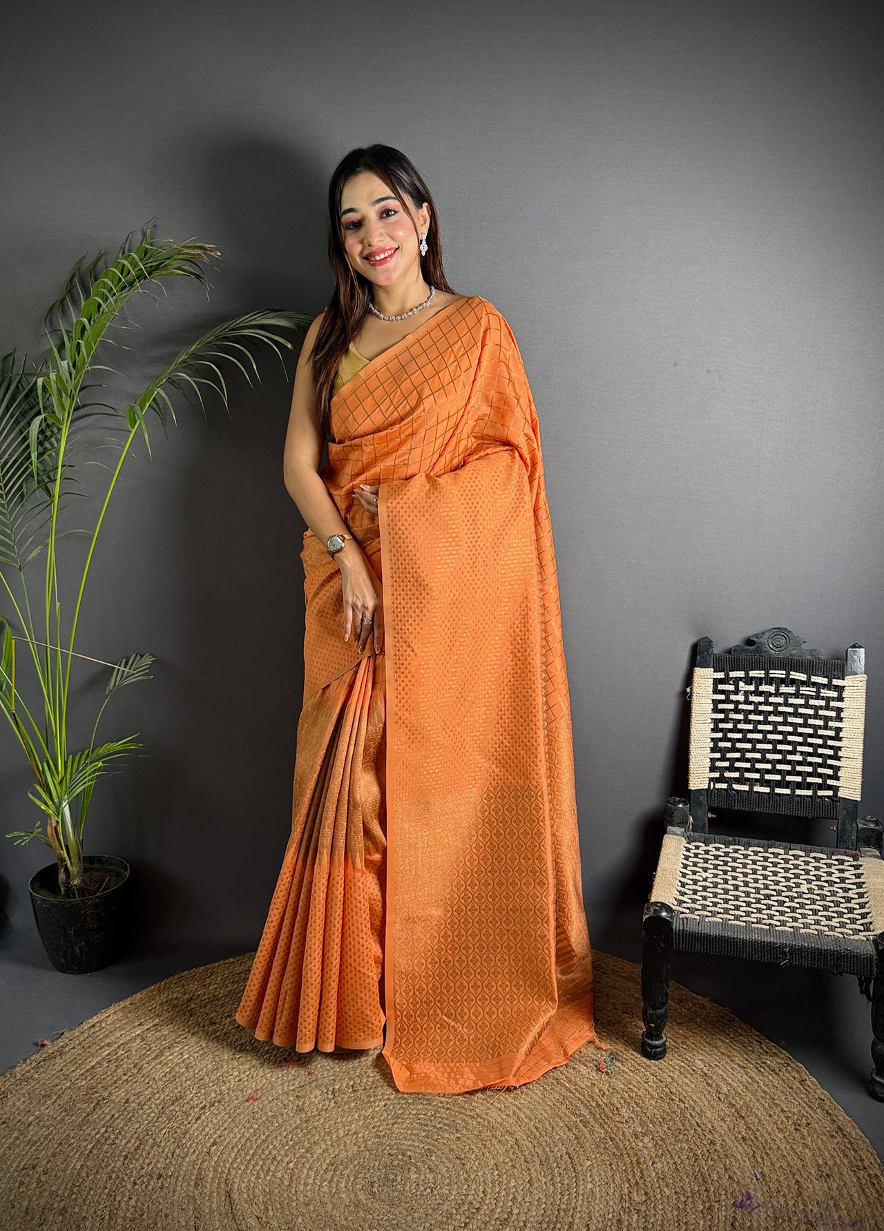 Elora Orange Soft Lichi Silk Banarasi Khicha Zari Work Saree - Dista