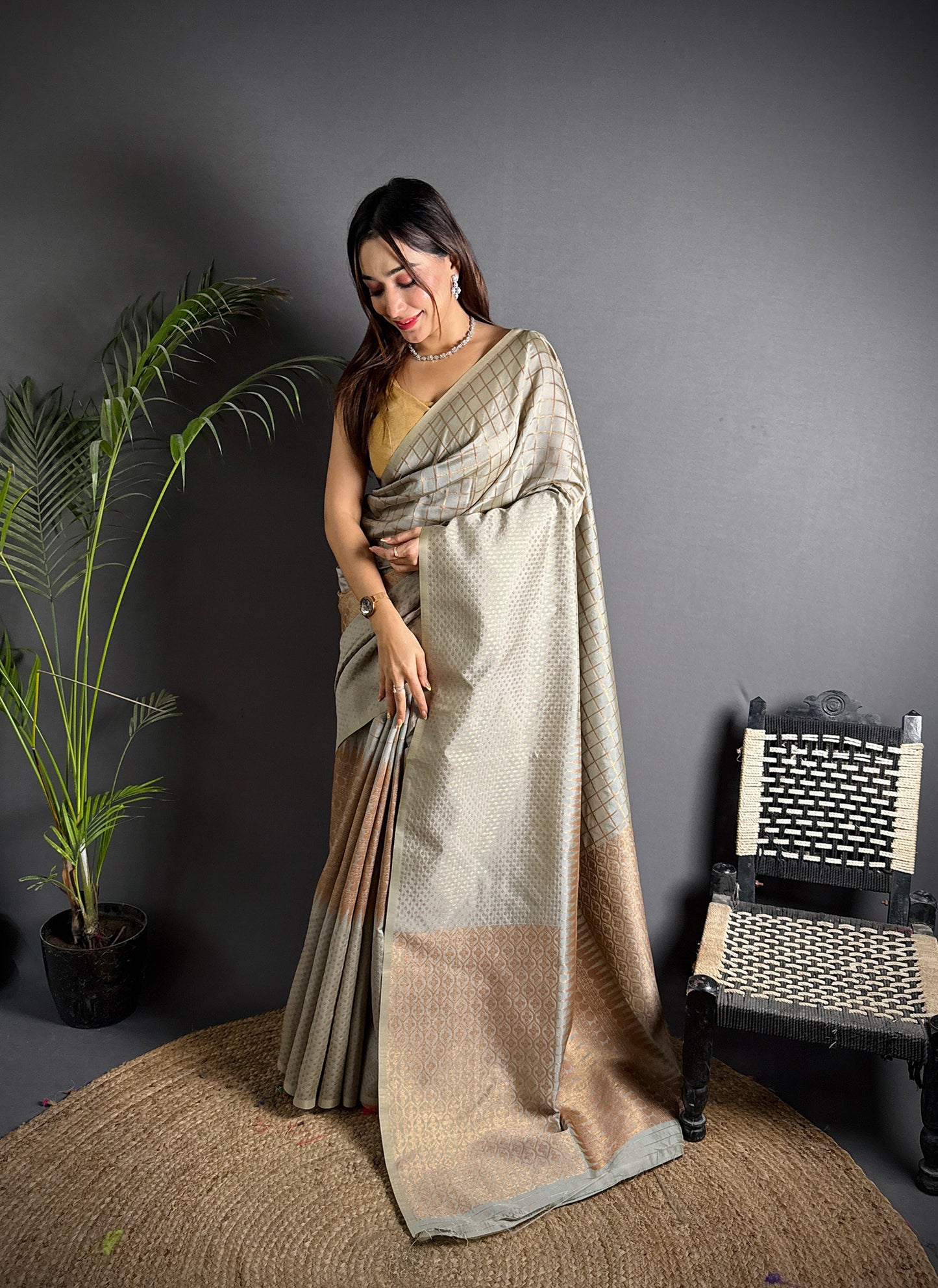 Elora Grey Soft Lichi Silk Banarasi Khicha Zari Work Saree - Dista