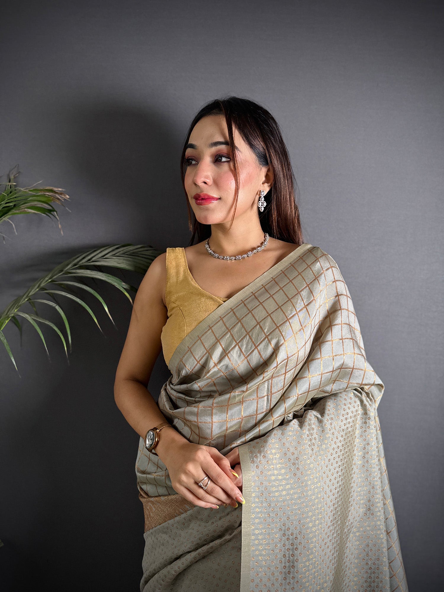 Elora Grey Soft Lichi Silk Banarasi Khicha Zari Work Saree - Dista