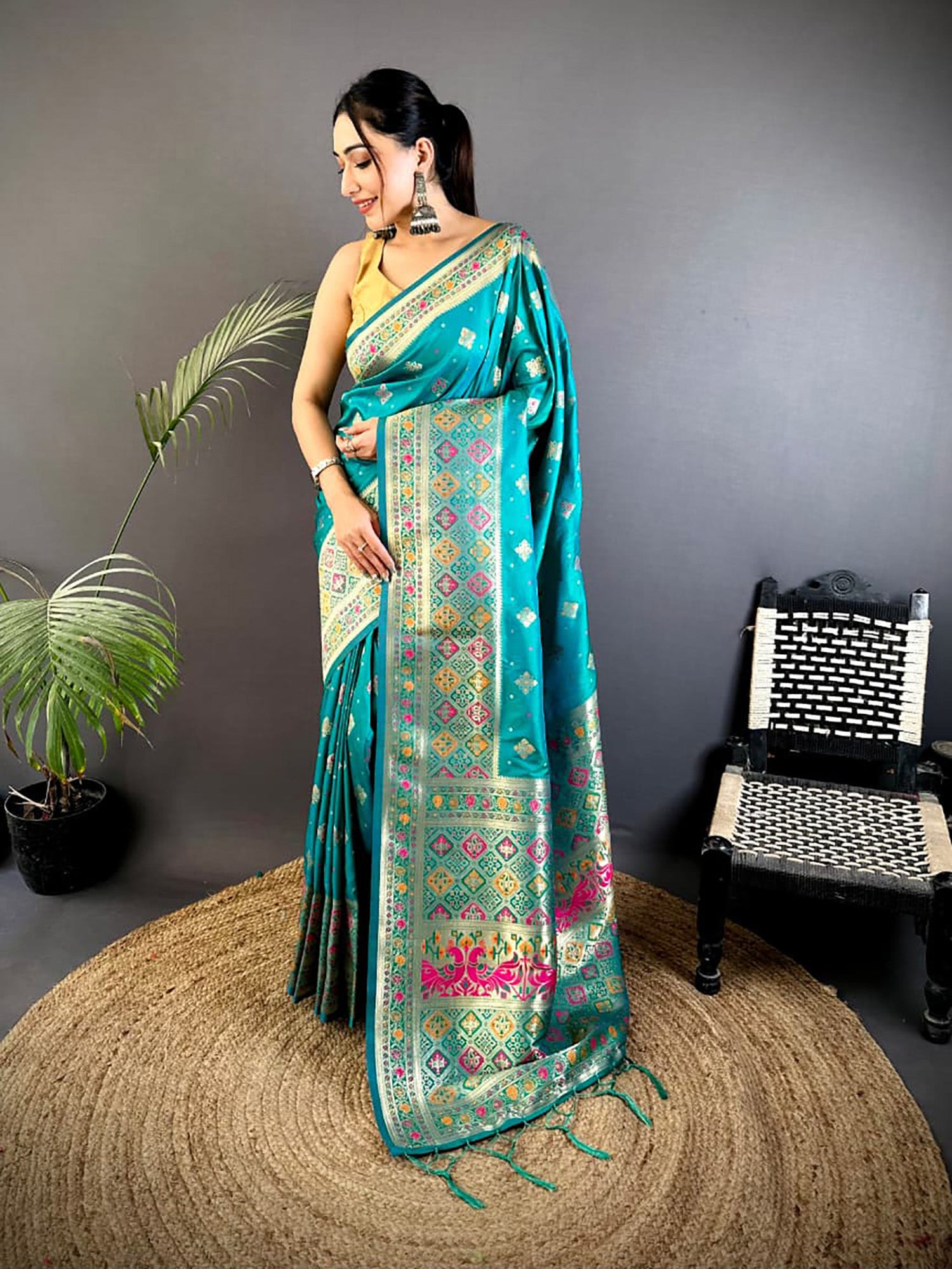 Joban Fashion Teal Banarasi Lichi Silk Meenakari Weaving Saree - Distacart