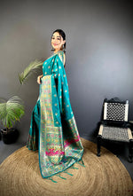Thumbnail for Joban Fashion Teal Banarasi Lichi Silk Meenakari Weaving Saree - Distacart