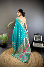 Thumbnail for Joban Fashion Teal Banarasi Lichi Silk Meenakari Weaving Saree - Distacart