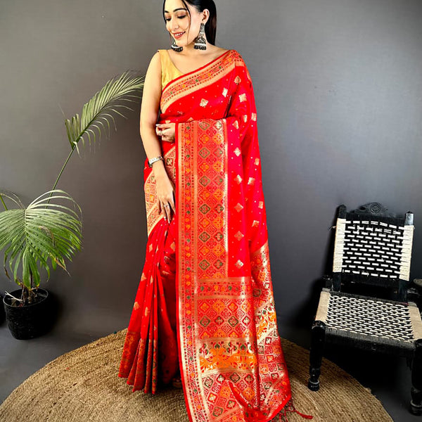 Joban Fashion Red Banarasi Lichi Silk Meenakari Weaving Saree - Distacart