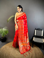 Thumbnail for Joban Fashion Red Banarasi Lichi Silk Meenakari Weaving Saree - Distacart