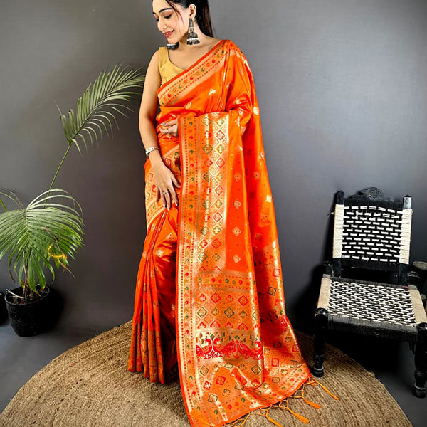 Joban Fashion Orange Banarasi Lichi Silk Meenakari Weaving Saree - Distacart