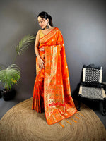 Thumbnail for Joban Fashion Orange Banarasi Lichi Silk Meenakari Weaving Saree - Distacart