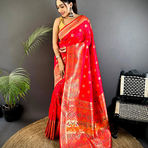 Joban Fashion Red Banarasi Lichi Silk Meenakari Weaving Saree - Distacart