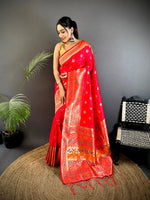 Thumbnail for Joban Fashion Red Banarasi Lichi Silk Meenakari Weaving Saree - Distacart