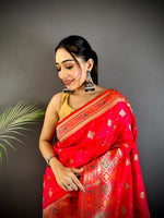 Thumbnail for Joban Fashion Red Banarasi Lichi Silk Meenakari Weaving Saree - Distacart