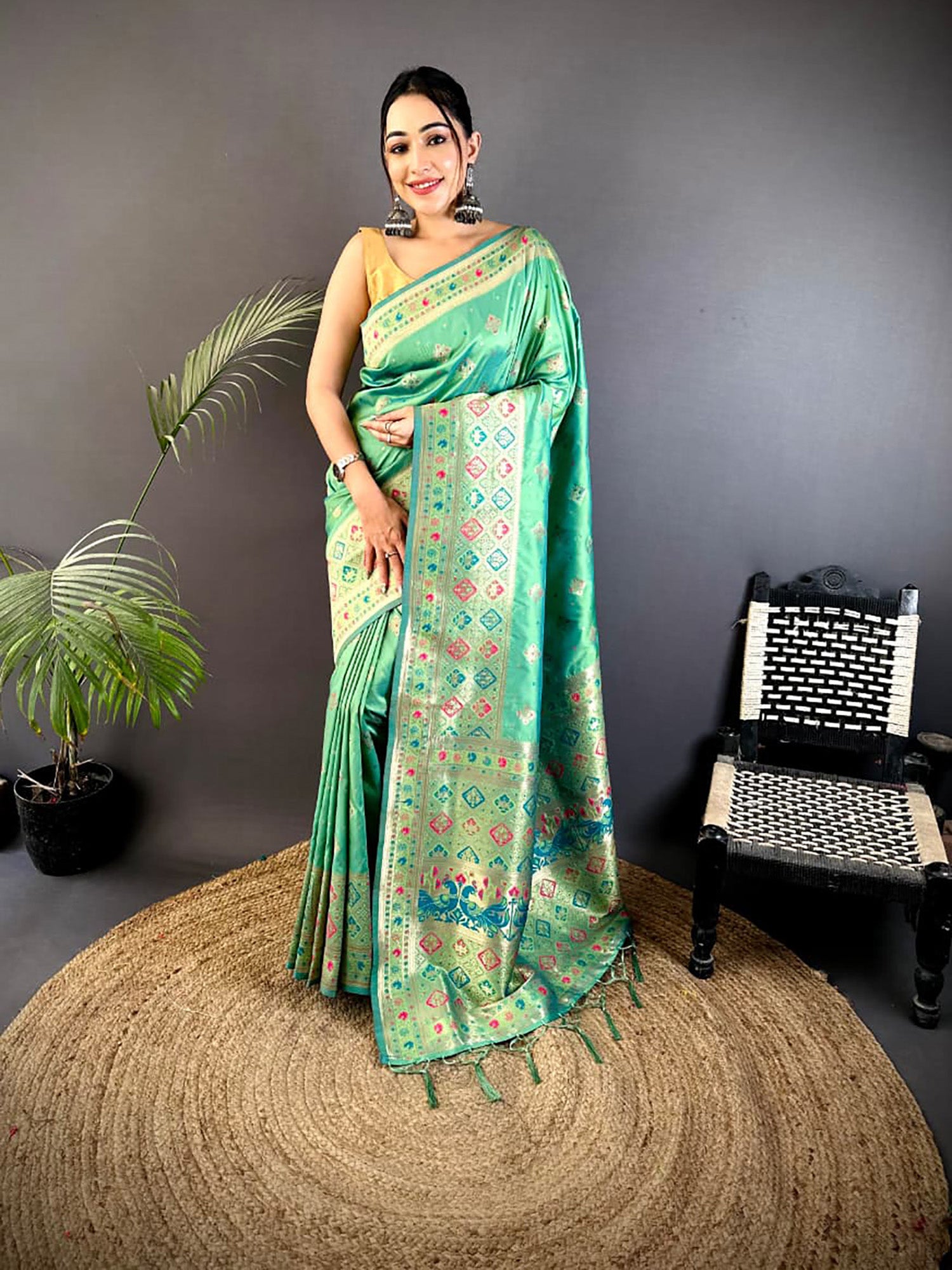 Joban Fashion Sea Green Banarasi Lichi Silk Meenakari Weaving Saree - Distacart