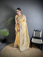 Thumbnail for Joban Fashion Bright Yellow Organza Silk Dubble Sequence Saree - Distacart