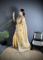 Thumbnail for Joban Fashion Bright Yellow Organza Silk Dubble Sequence Saree - Distacart