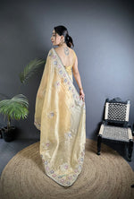 Thumbnail for Joban Fashion Bright Yellow Organza Silk Dubble Sequence Saree - Distacart