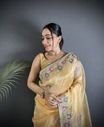 Thumbnail for Joban Fashion Bright Yellow Organza Silk Dubble Sequence Saree - Distacart