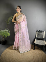 Thumbnail for Joban Fashion Light Pink Organza Silk Dubble Sequence Saree - Distacart