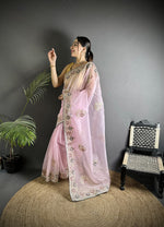 Thumbnail for Joban Fashion Light Pink Organza Silk Dubble Sequence Saree - Distacart