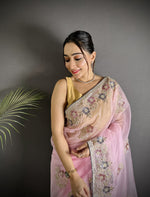 Thumbnail for Joban Fashion Light Pink Organza Silk Dubble Sequence Saree - Distacart