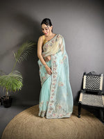 Thumbnail for Joban Fashion Sky Blue Organza Silk Dubble Sequence Saree - Distacart