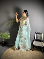 Thumbnail for Joban Fashion Sky Blue Organza Silk Dubble Sequence Saree - Distacart