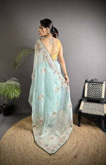 Thumbnail for Joban Fashion Sky Blue Organza Silk Dubble Sequence Saree - Distacart