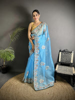 Thumbnail for Joban Fashion Light Turquoise Organza Silk Dubble Sequence Saree - Distacart