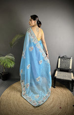 Thumbnail for Joban Fashion Light Turquoise Organza Silk Dubble Sequence Saree - Distacart