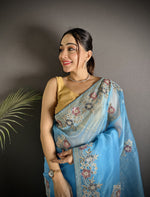 Thumbnail for Joban Fashion Light Turquoise Organza Silk Dubble Sequence Saree - Distacart