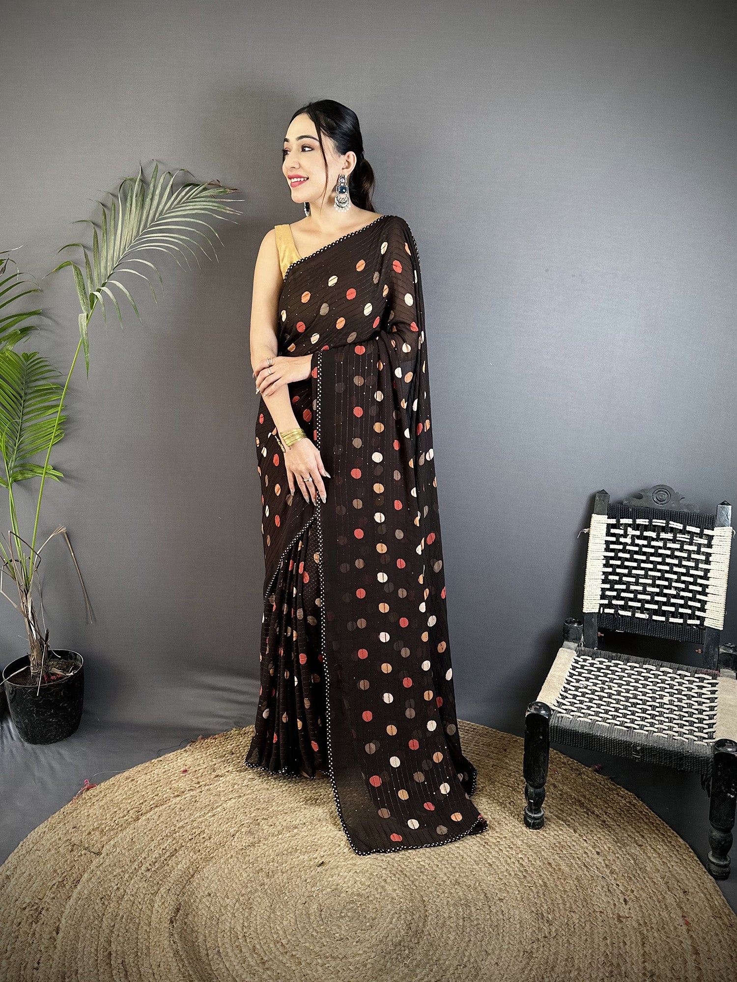 Joban Fashion Black Georgette Polka Dot Pattern Saree - Distacart