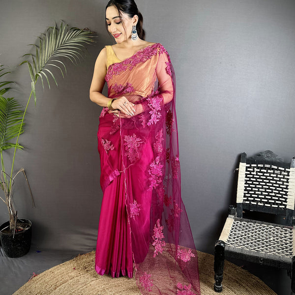 Joban Fashion Fuchsia Georgette Floral Embroidered Saree - Distacart