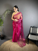 Thumbnail for Joban Fashion Fuchsia Georgette Floral Embroidered Saree - Distacart