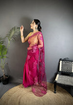 Thumbnail for Joban Fashion Fuchsia Georgette Floral Embroidered Saree - Distacart
