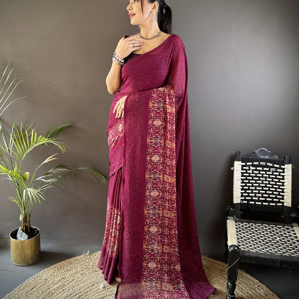 Joban Fashion Wine Georgette Attractive Foil Print Saree - Distacart