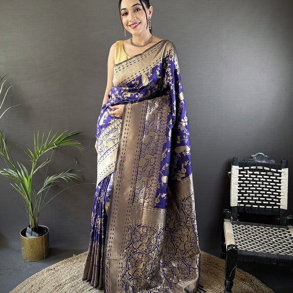 Joban Fashion Royal Blue Banarasi Soft Lichi Silk Floral and Zari Pattern Saree - Distacart