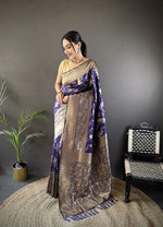 Thumbnail for Joban Fashion Royal Blue Banarasi Soft Lichi Silk Floral and Zari Pattern Saree - Distacart