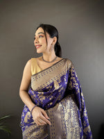 Thumbnail for Joban Fashion Royal Blue Banarasi Soft Lichi Silk Floral and Zari Pattern Saree - Distacart